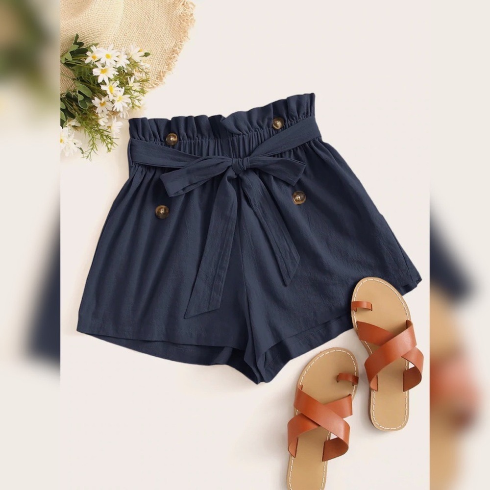 Navy Blue Paperbag Waist Shorts with‎ Tie Belt and Decorative Buttons Womens M
